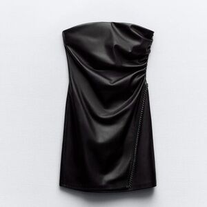 Zara Faux Leather Chain Detail Mini Strapless Dress in Black — S